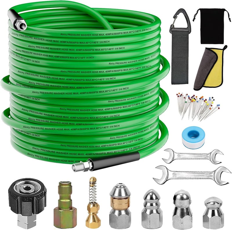 Aleiry Sewer Jetter Kit for Pressure Washer,Water Jet Drain Cleaning Hose with Corner Rotating Button Spring Nose 1/4" NPT Sewer Cleaning Tool High-Pressure Nozzles,5800 PSI 100 FT - Image 1